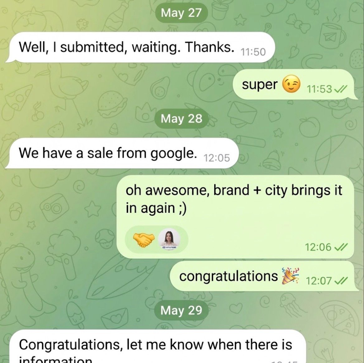 Client chat: a sale from Google, brand plus city keyword brings it in again