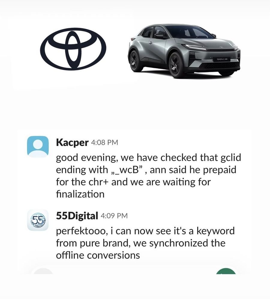 Toyota dealership chat confirming a C-HR+ purchase matched to its Google Ads keyword via GCLID